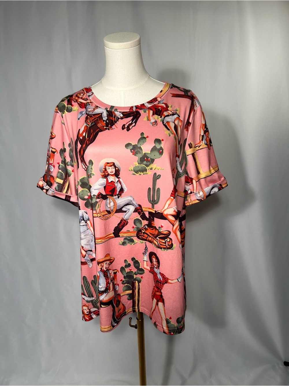 Vintage Style Cowgirl Pin Up All Over Print Pink T-Shirt Western Rockabilly XL